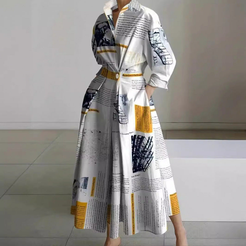 Women's Maxi Shirt Dress with Collared V-Neck and A-Line Skirt