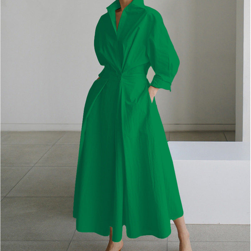 Women's Maxi Shirt Dress with Collared V-Neck and A-Line Skirt