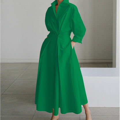 Women's Maxi Shirt Dress with Collared V-Neck and A-Line Skirt
