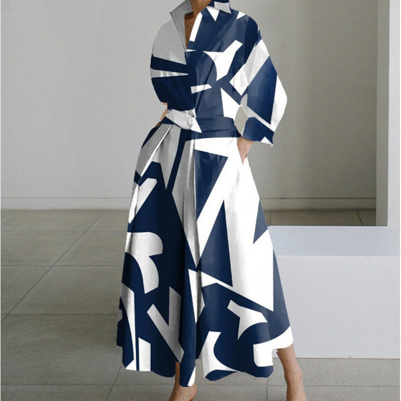 Women's Maxi Shirt Dress with Collared V-Neck and A-Line Skirt