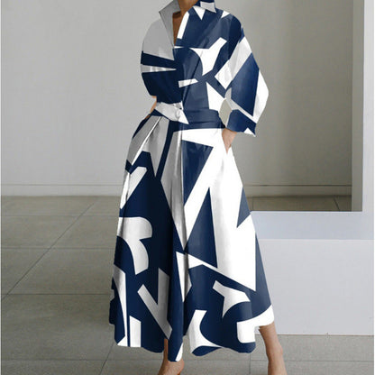 Women's Maxi Shirt Dress with Collared V-Neck and A-Line Skirt