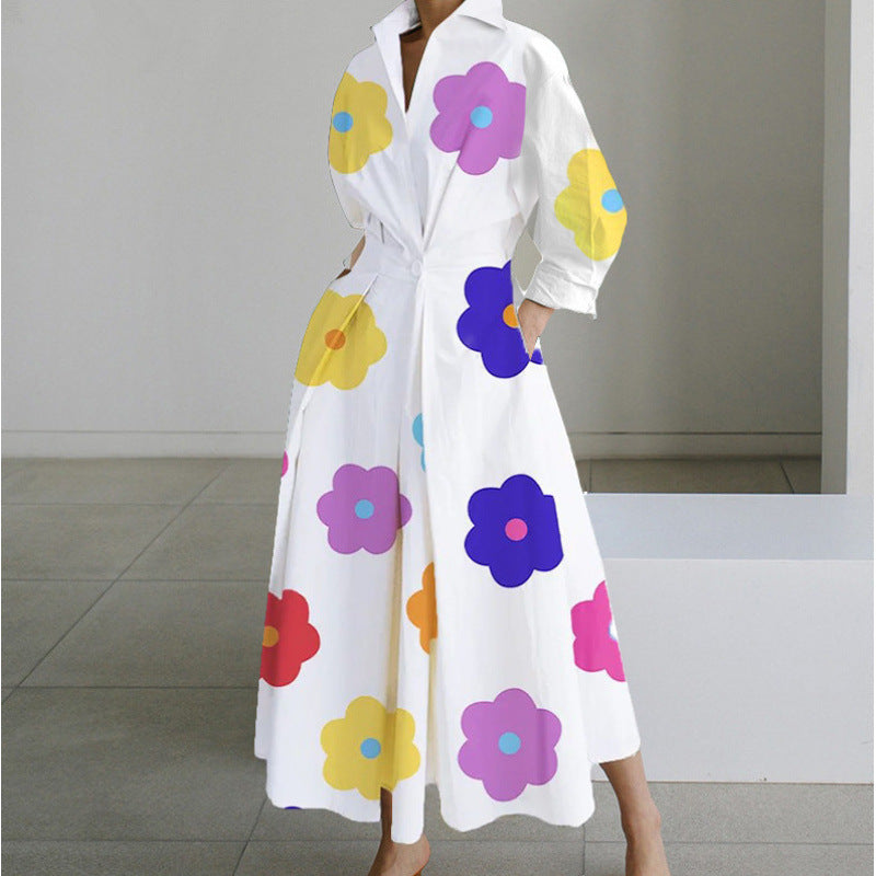 Women's Maxi Shirt Dress with Collared V-Neck and A-Line Skirt