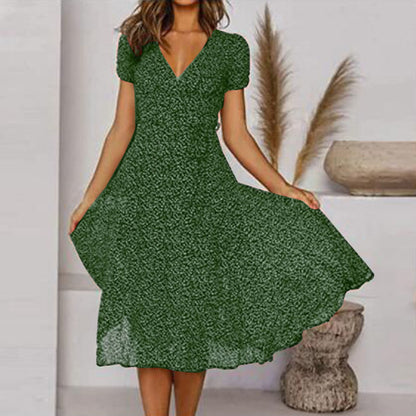 Women's Midi Dress Short Sleeve V-Neck A-Line with Floral Print