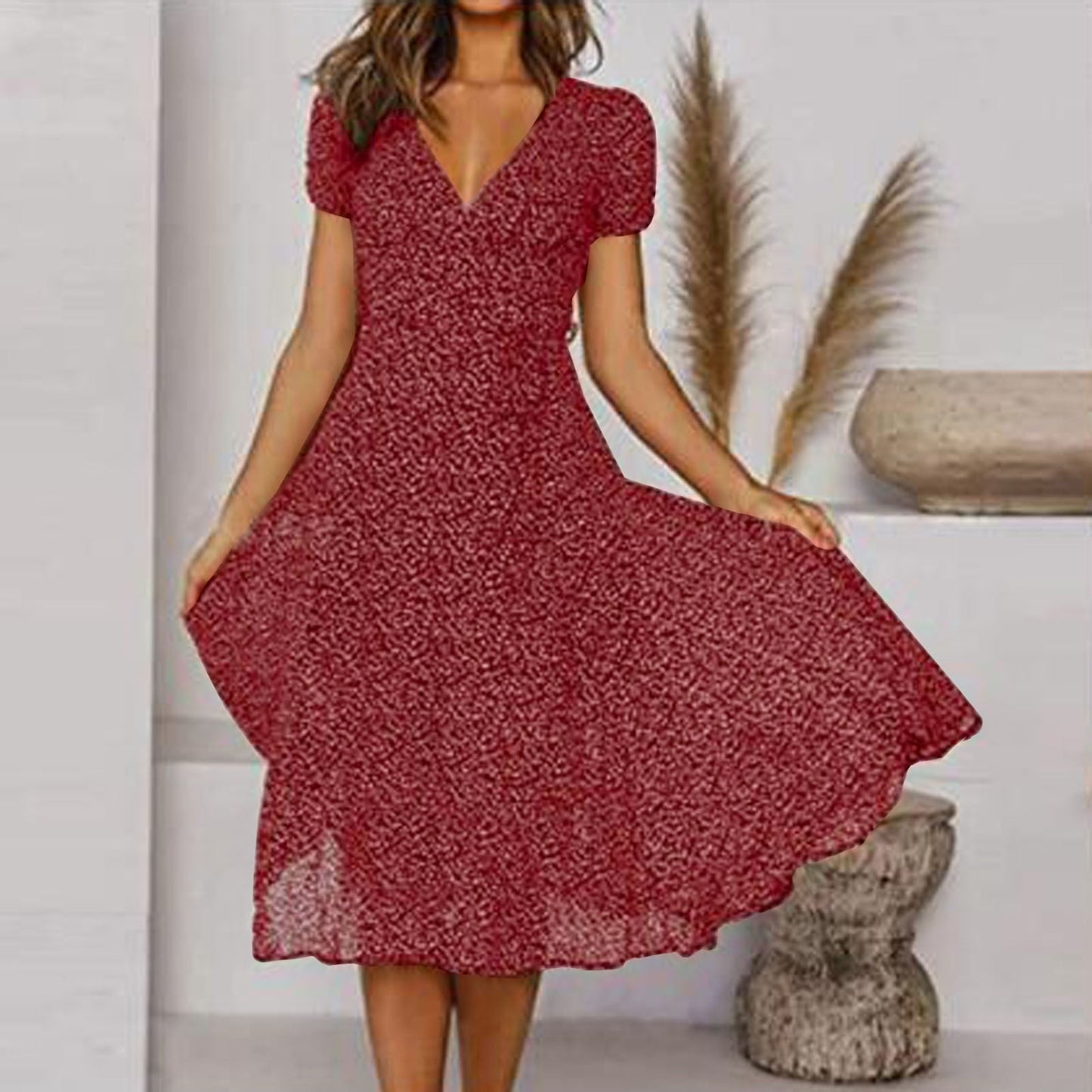 Women's Midi Dress Short Sleeve V-Neck A-Line with Floral Print