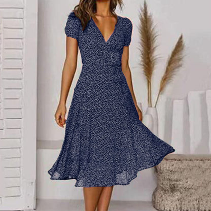 Women's Midi Dress Short Sleeve V-Neck A-Line with Floral Print