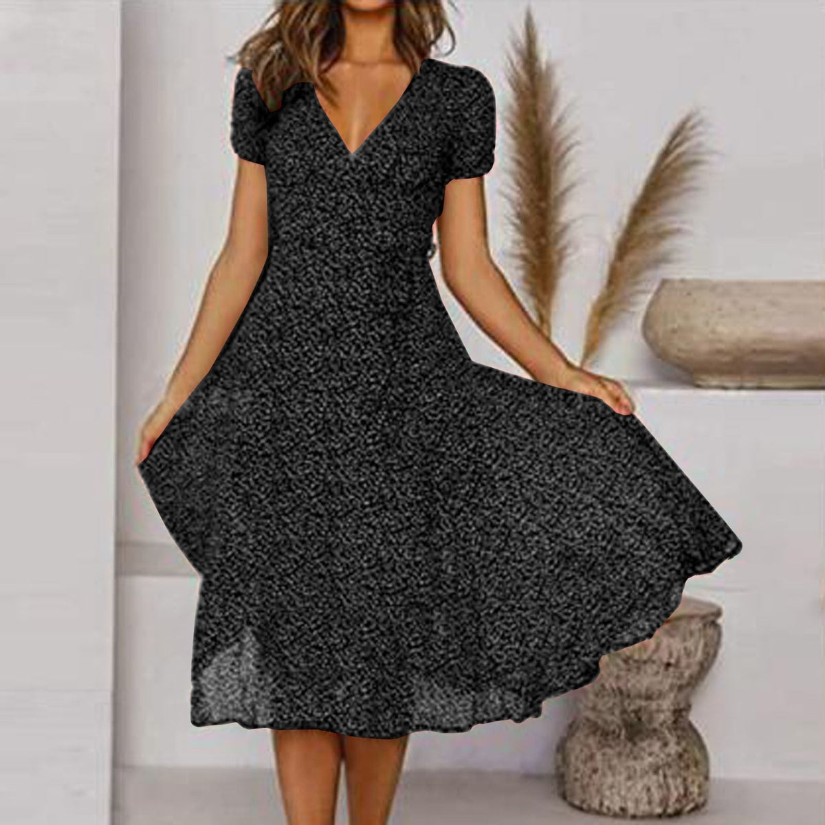 Women's Midi Dress Short Sleeve V-Neck A-Line with Floral Print