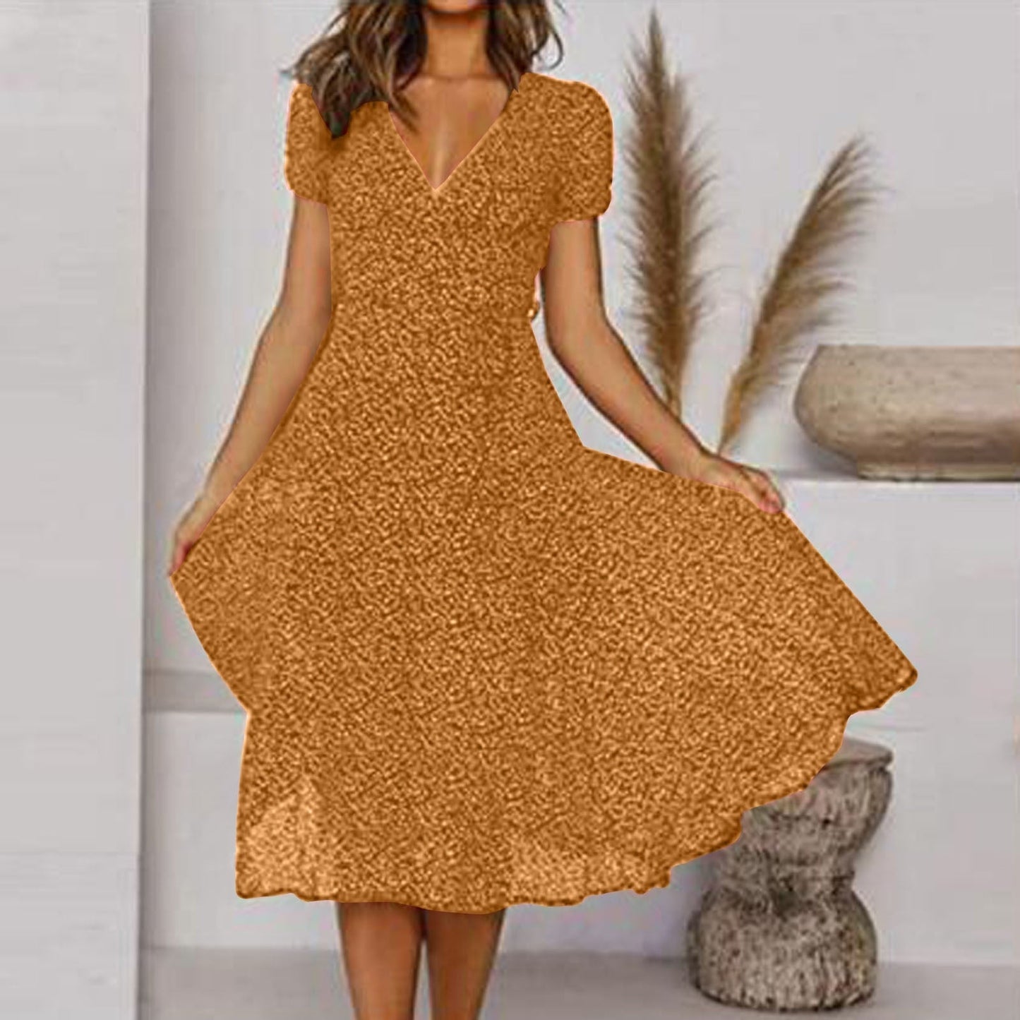 Women's Midi Dress Short Sleeve V-Neck A-Line with Floral Print