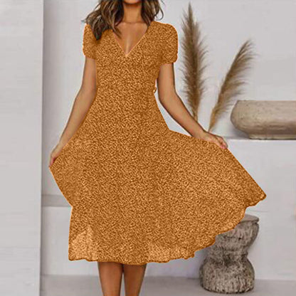 Women's Midi Dress Short Sleeve V-Neck A-Line with Floral Print