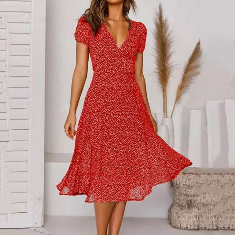 Women's Midi Dress Short Sleeve V-Neck A-Line with Floral Print