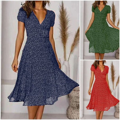 Women's Midi Dress Short Sleeve V-Neck A-Line with Floral Print