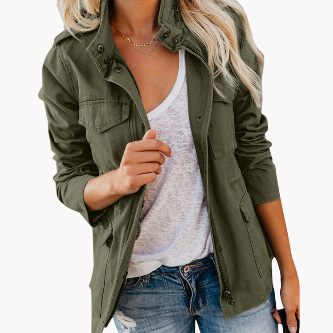 Women's Military Jacket with Hood and Drawstring Waist