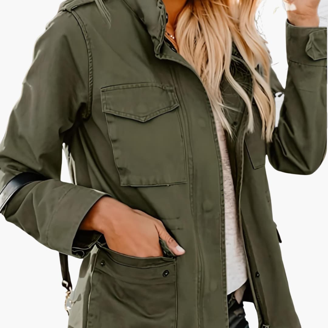 Women's Military Jacket with Hood and Drawstring Waist
