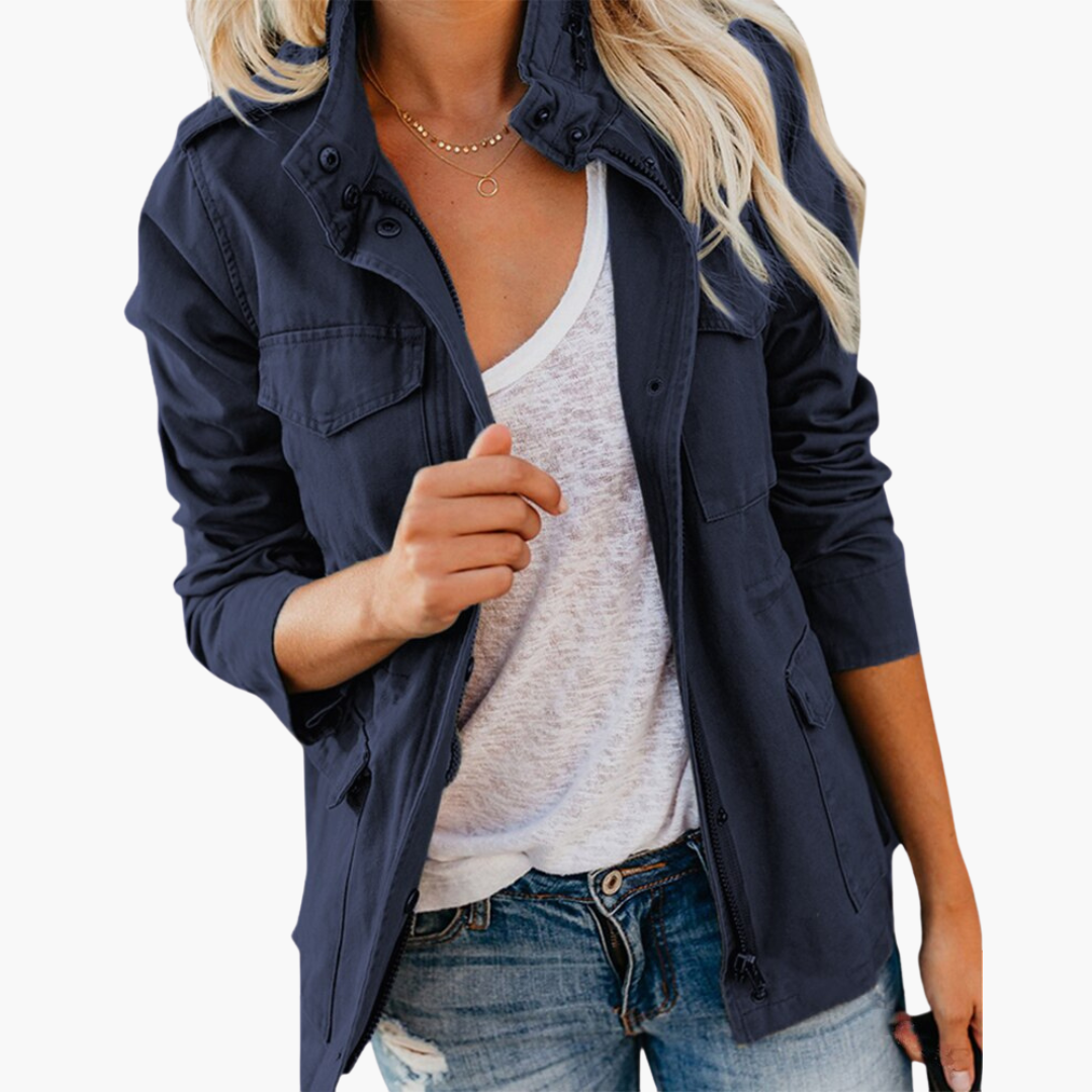 Women's Military Jacket with Hood and Drawstring Waist