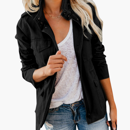 Women's Military Jacket with Hood and Drawstring Waist
