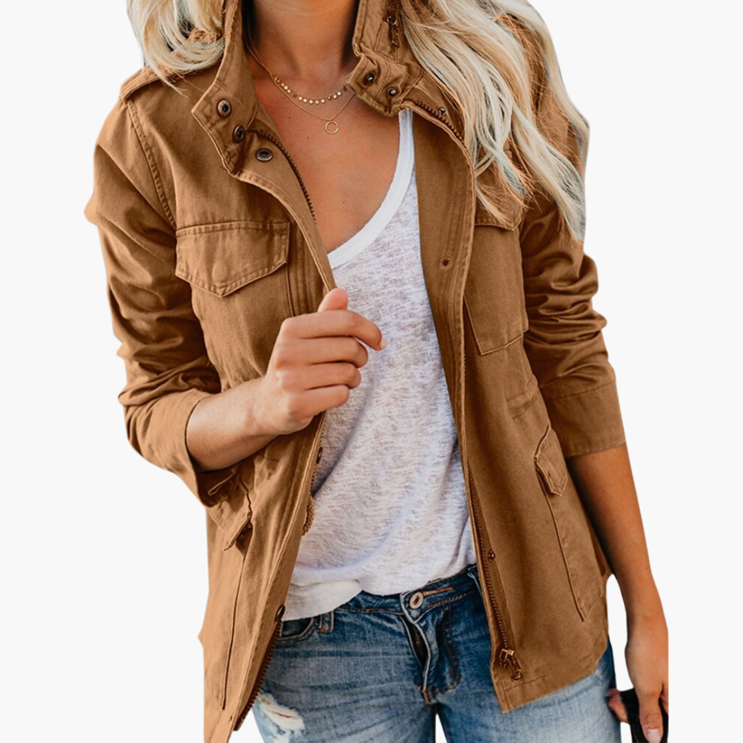 Women's Military Jacket with Hood and Drawstring Waist