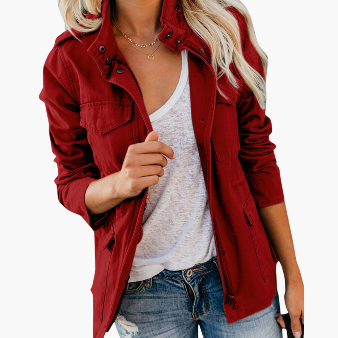 Women's Military Jacket with Hood and Drawstring Waist