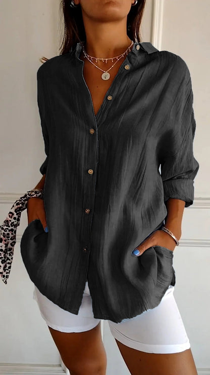 Women's Oversized Blouse with Long Sleeves, V-Neck and Button Closure