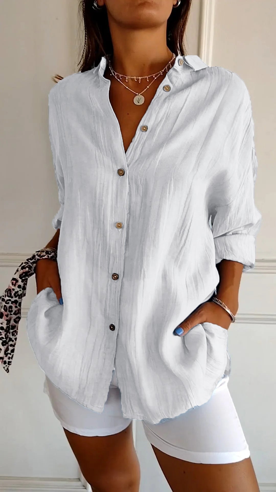 Women's Oversized Blouse with Long Sleeves, V-Neck and Button Closure