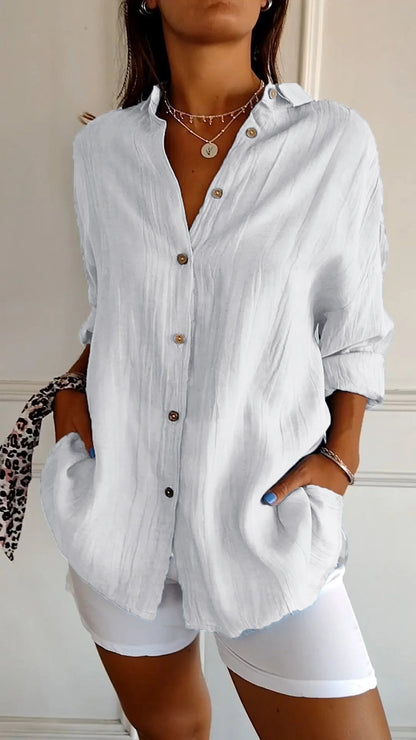 Women's Oversized Blouse with Long Sleeves, V-Neck and Button Closure