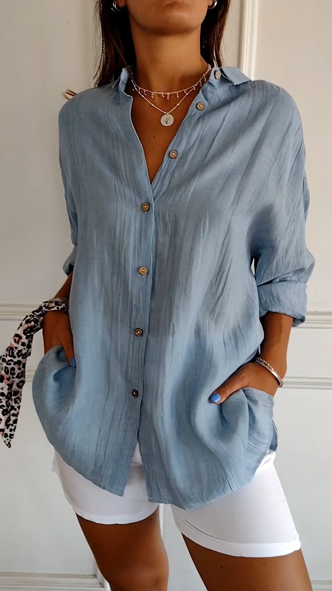 Women's Oversized Blouse with Long Sleeves, V-Neck and Button Closure