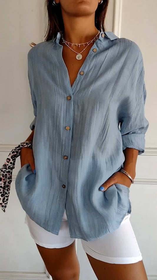 Women's Oversized Blouse with Long Sleeves, V-Neck and Button Closure