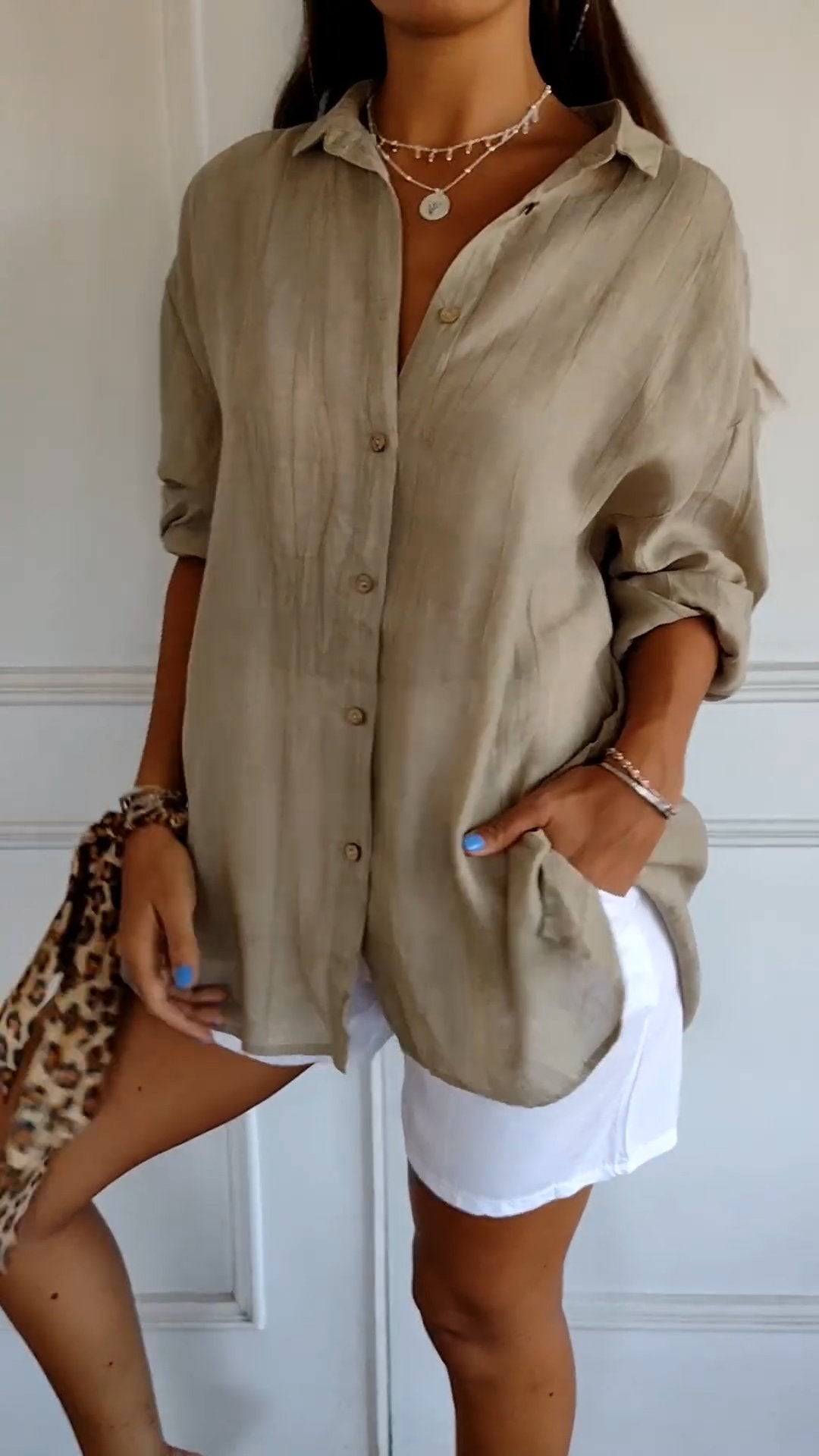 Women's Oversized Blouse with Long Sleeves, V-Neck and Button Closure