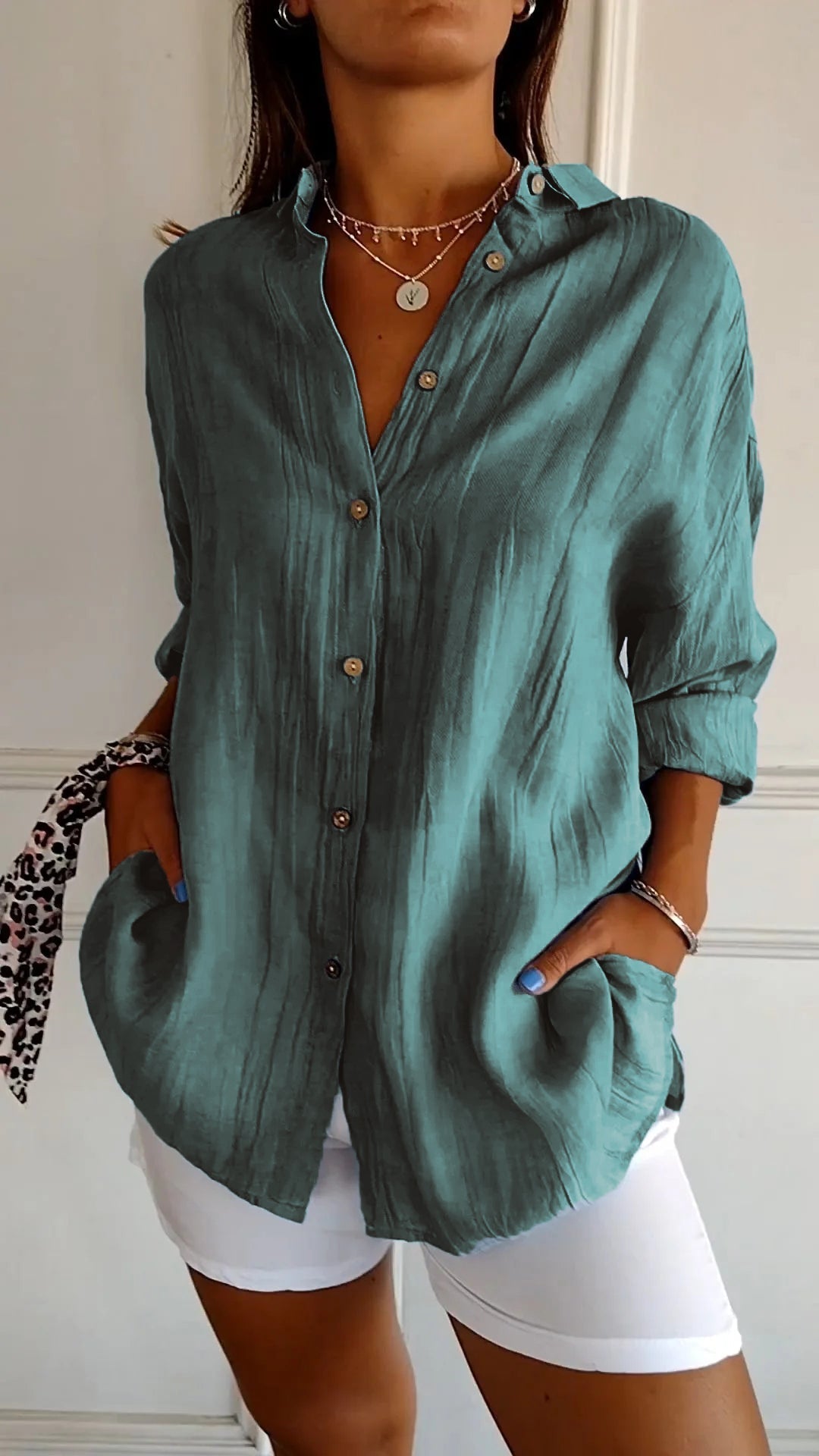 Women's Oversized Blouse with Long Sleeves, V-Neck and Button Closure