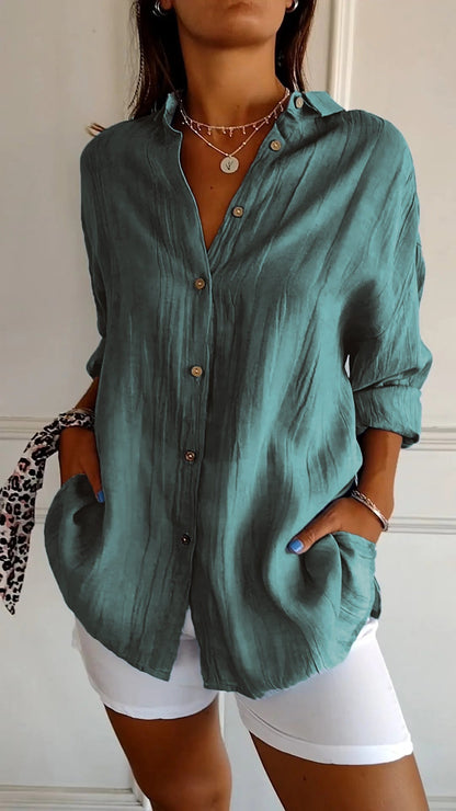 Women's Oversized Blouse with Long Sleeves, V-Neck and Button Closure