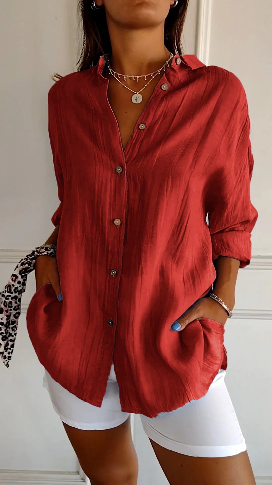Women's Oversized Blouse with Long Sleeves, V-Neck and Button Closure