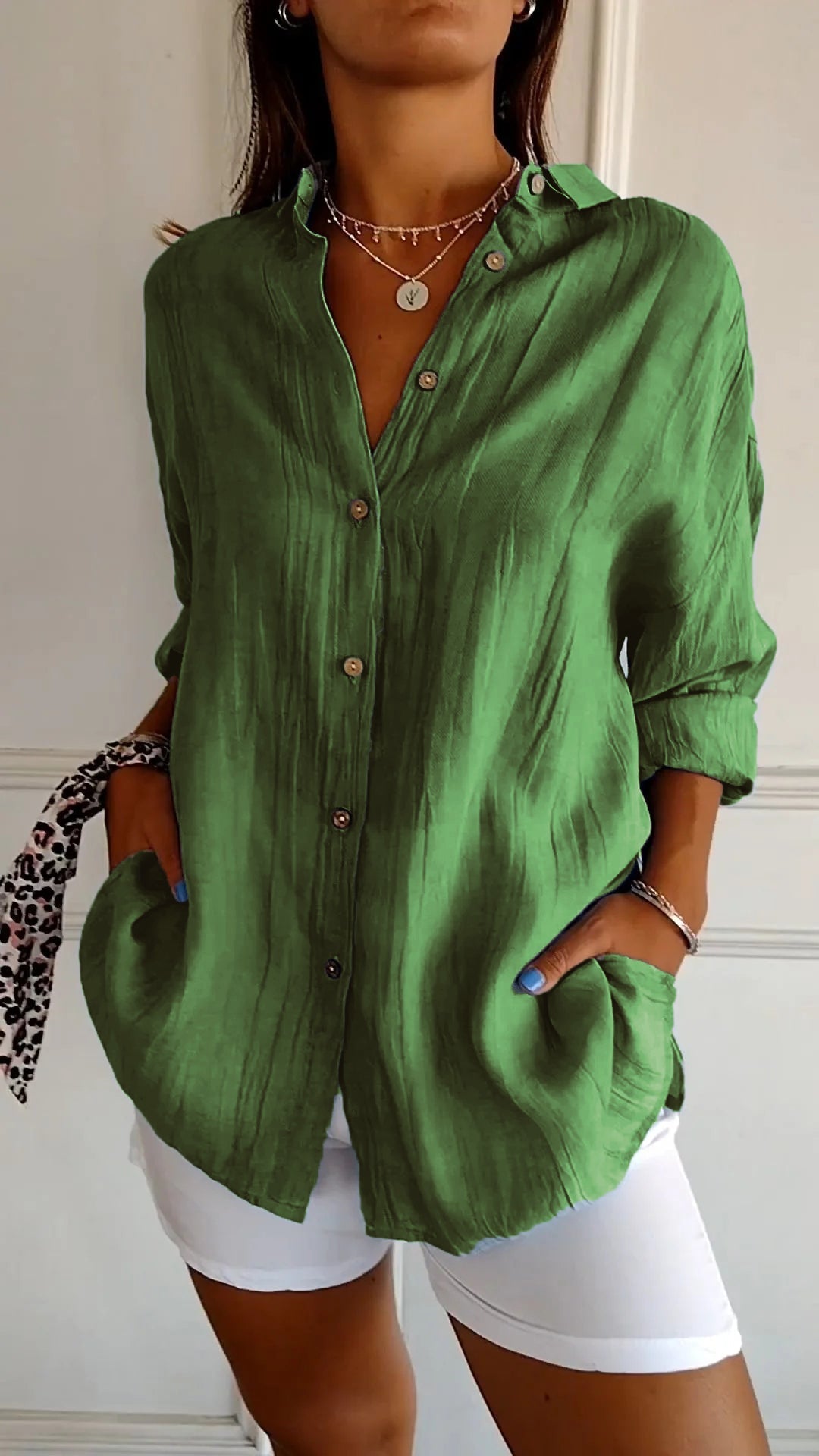 Women's Oversized Blouse with Long Sleeves, V-Neck and Button Closure