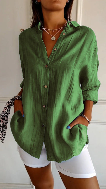 Women's Oversized Blouse with Long Sleeves, V-Neck and Button Closure