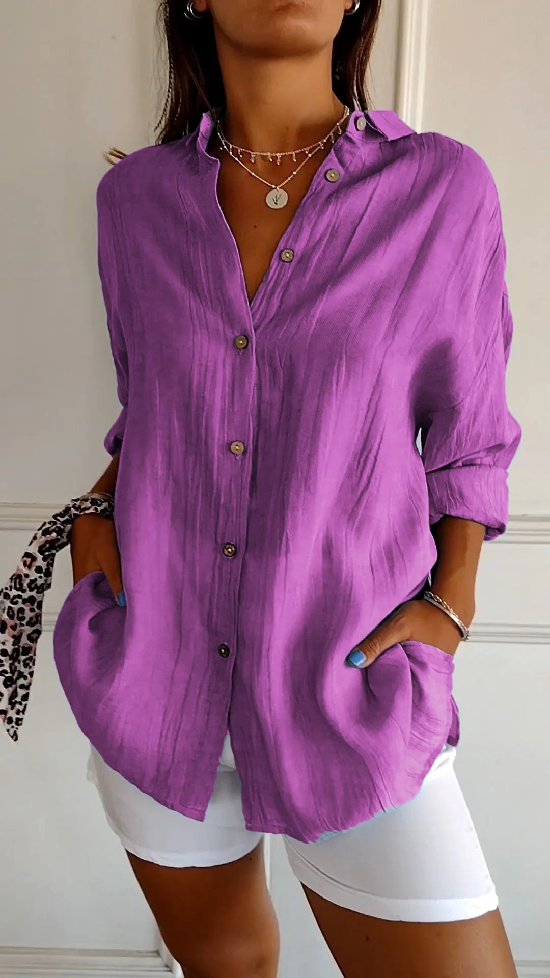 Women's Oversized Blouse with Long Sleeves, V-Neck and Button Closure