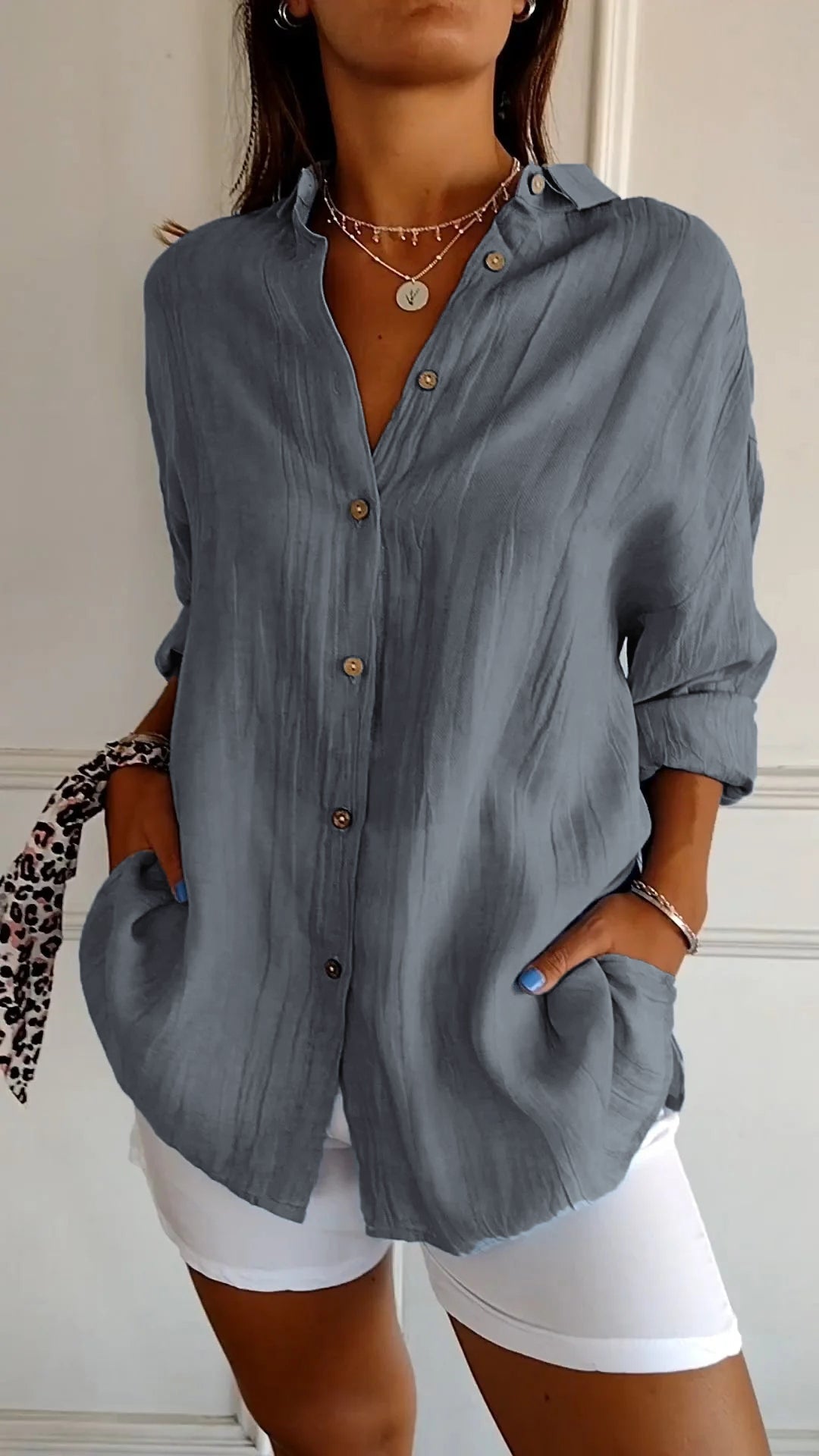 Women's Oversized Blouse with Long Sleeves, V-Neck and Button Closure