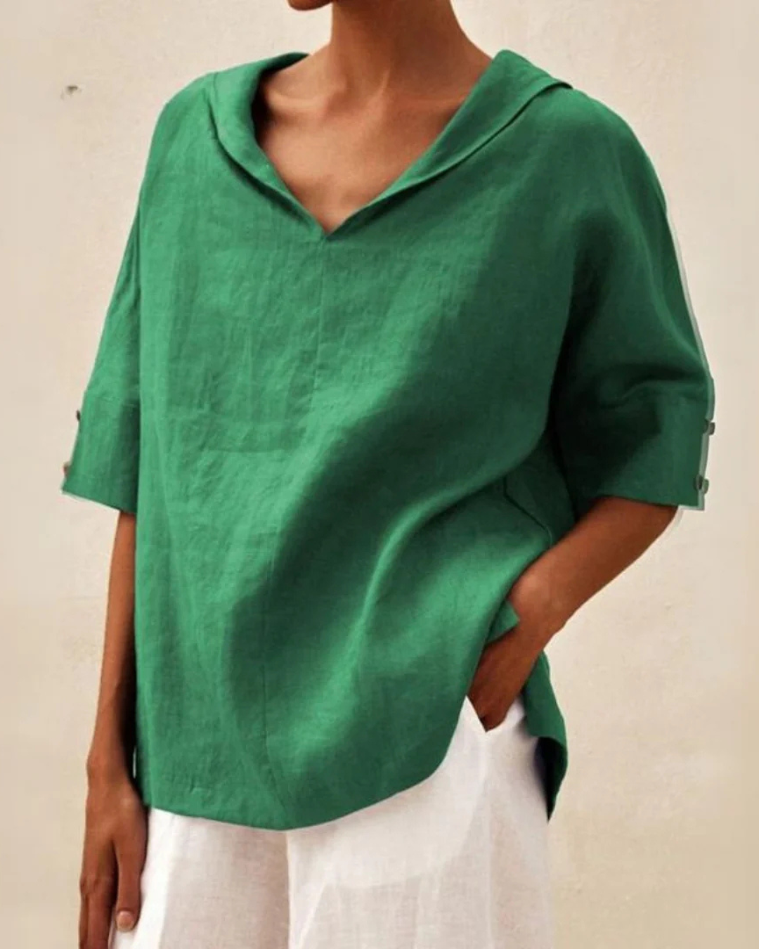 Women's Oversized Blouse with Short Sleeves, V-Neck and Collar