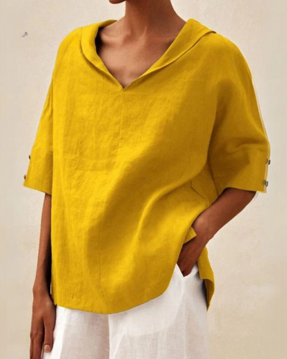 Women's Oversized Blouse with Short Sleeves, V-Neck and Collar