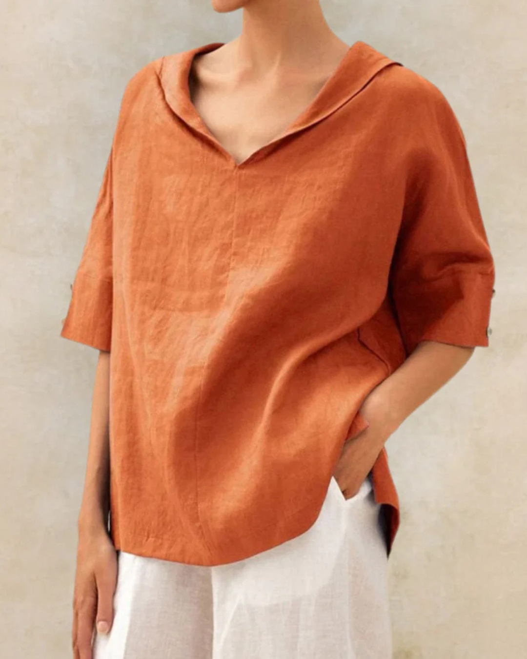 Women's Oversized Blouse with Short Sleeves, V-Neck and Collar