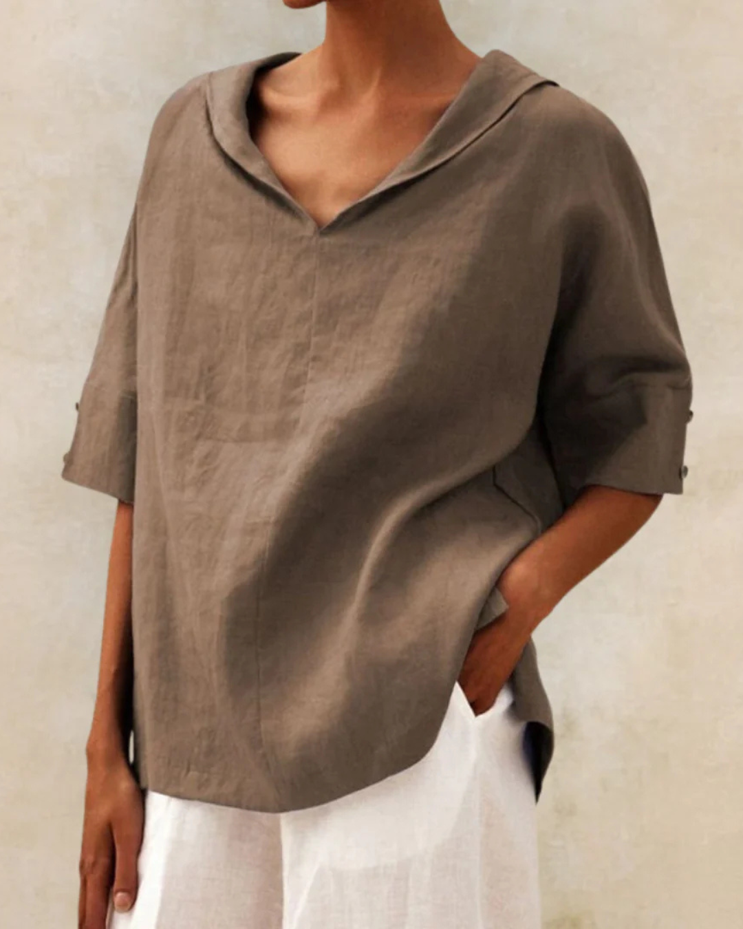 Women's Oversized Blouse with Short Sleeves, V-Neck and Collar