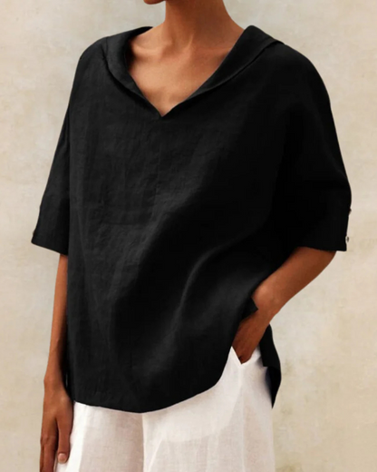 Women's Oversized Blouse with Short Sleeves, V-Neck and Collar