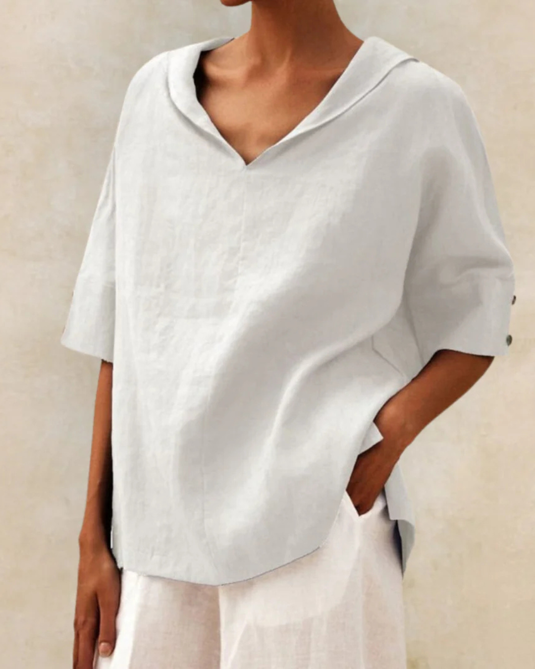 Women's Oversized Blouse with Short Sleeves, V-Neck and Collar