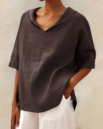 Women's Oversized Blouse with Short Sleeves, V-Neck and Collar