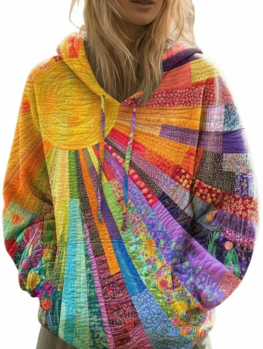 Women's Patchwork Hoodie Long Sleeve with Sun Print and Drawstring Hood