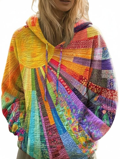 Women's Patchwork Hoodie Long Sleeve with Sun Print and Drawstring Hood