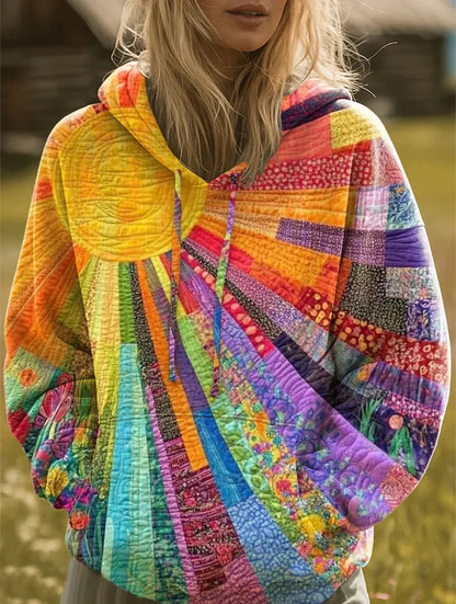 Women's Patchwork Hoodie Long Sleeve with Sun Print and Drawstring Hood