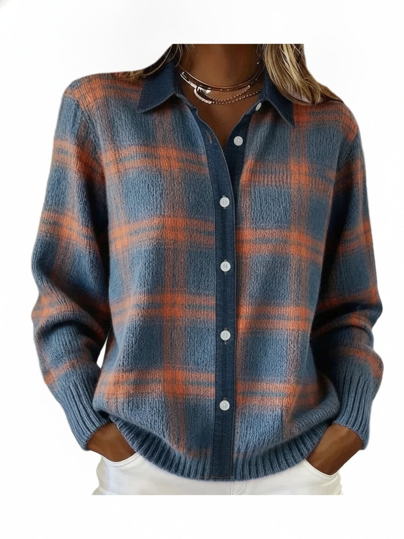 Women's Plaid Cardigan with Long Sleeves and Button-Front Collar