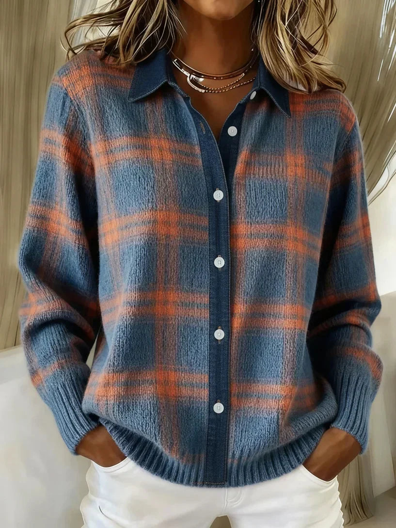 Women's Plaid Cardigan with Long Sleeves and Button-Front Collar