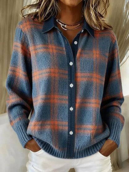 Women's Plaid Cardigan with Long Sleeves and Button-Front Collar