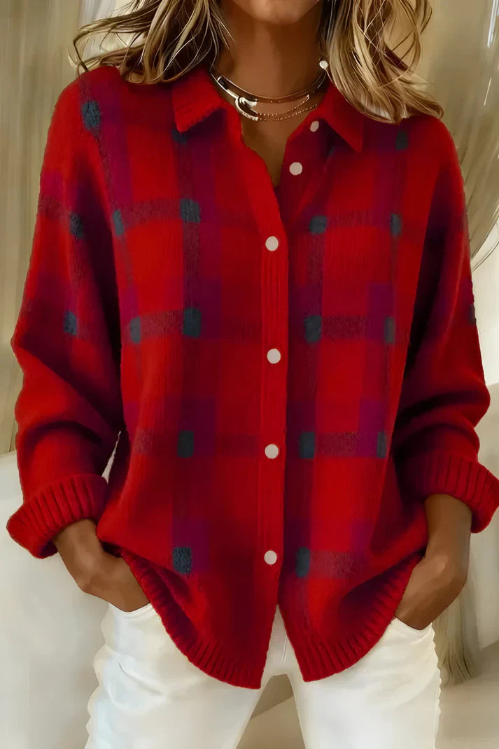 Women's Plaid Cardigan with Long Sleeves and Button-Front Collar