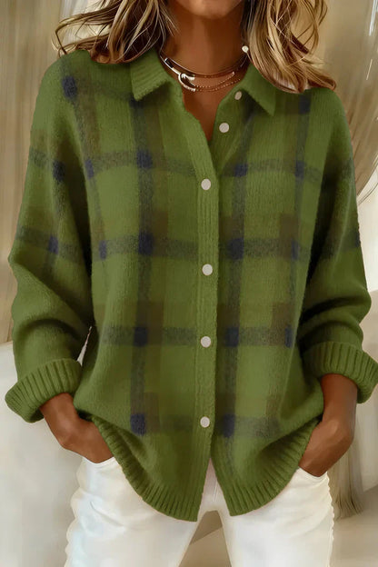 Women's Plaid Cardigan with Long Sleeves and Button-Front Collar