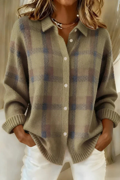 Women's Plaid Cardigan with Long Sleeves and Button-Front Collar