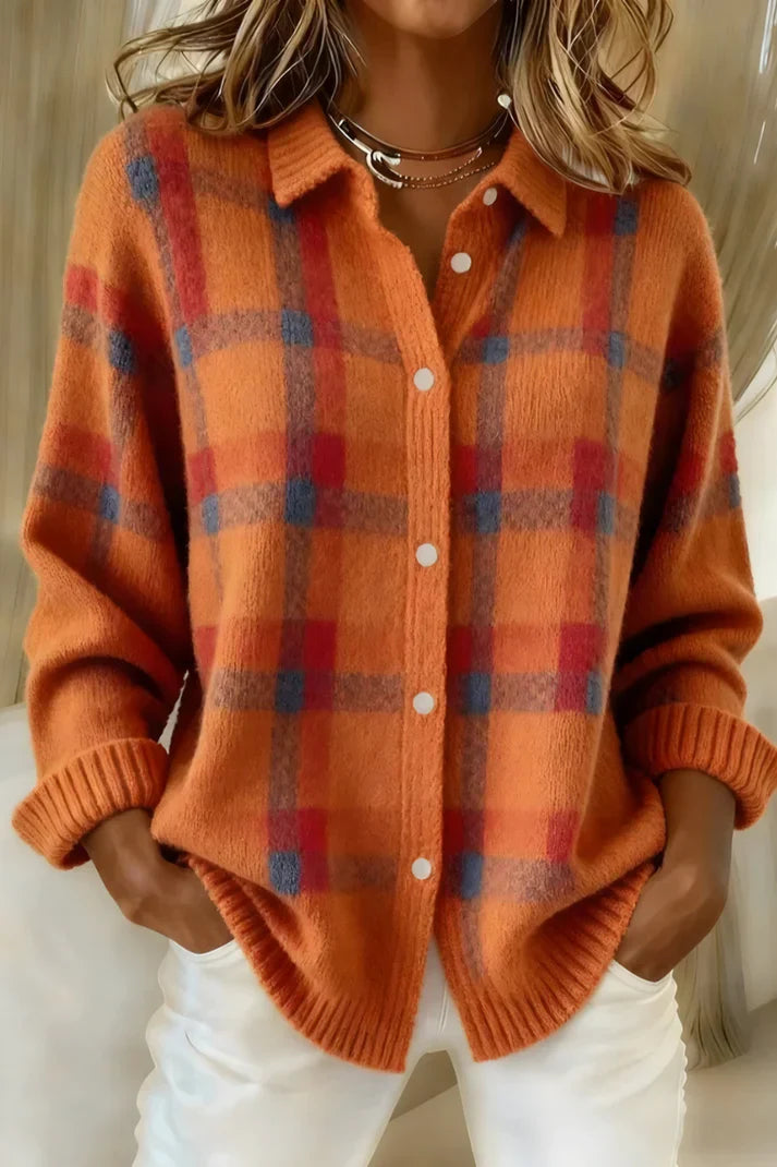 Women's Plaid Cardigan with Long Sleeves and Button-Front Collar